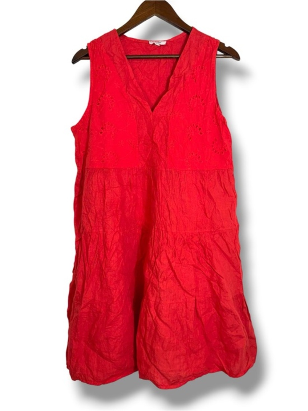 Rosemarine Red Eyelet Italian Linen Tiered A-Line Dress Large Coastal Flax